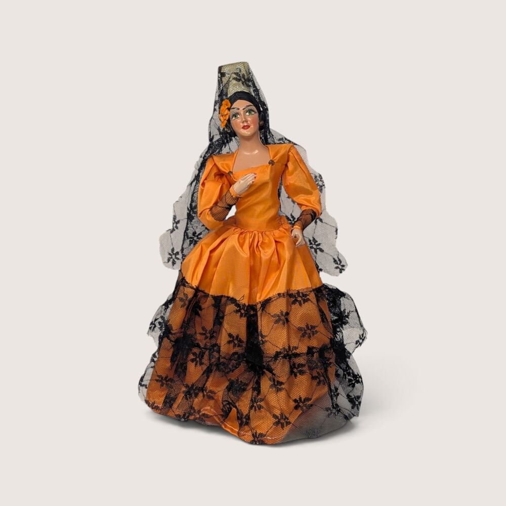 Vintage Spanish Senorita Doll in Orange Dress and Black Lace Mantilla